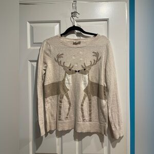 LOFT kissing deer cotton sweater top beige sz M